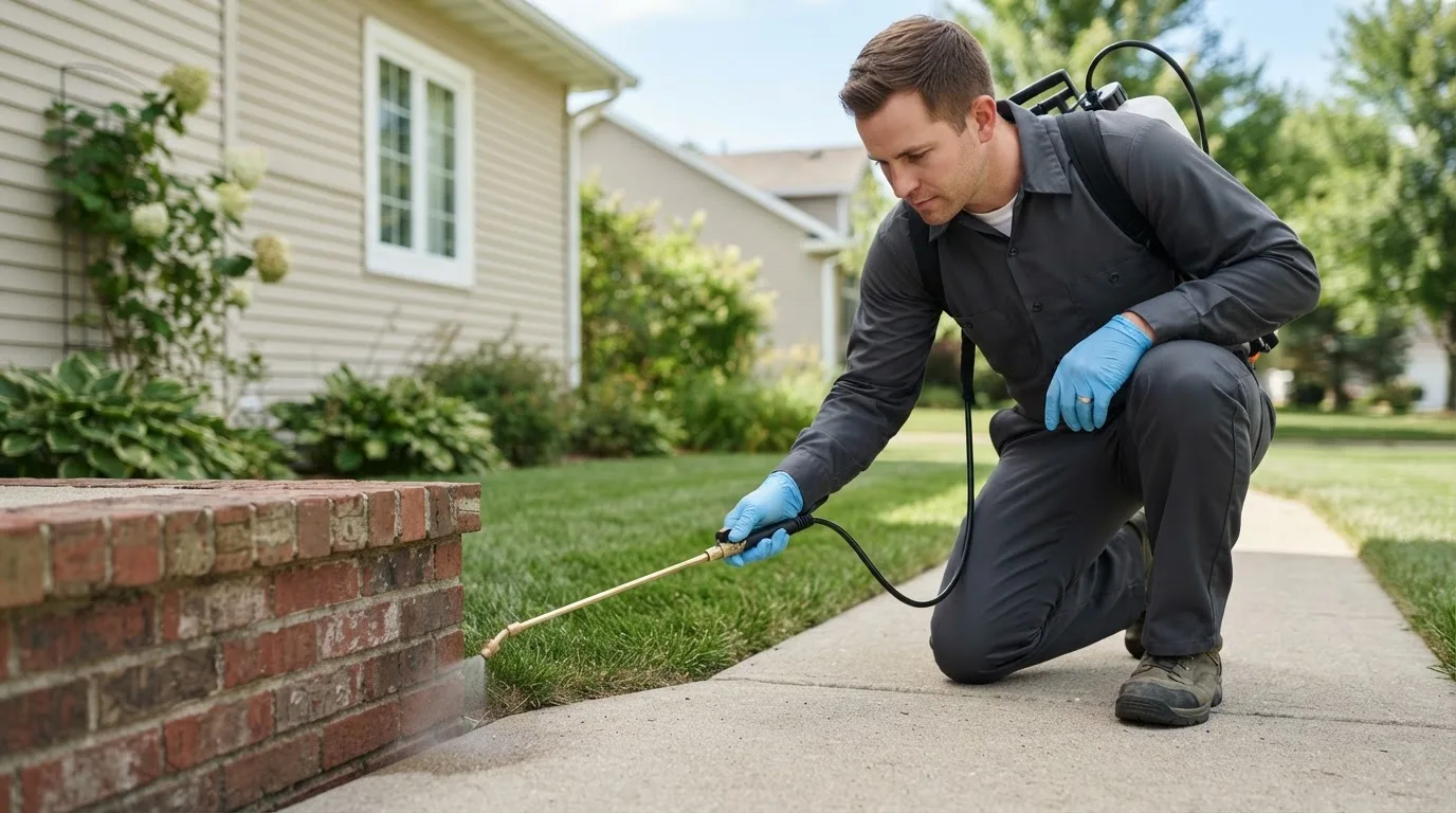 Pest control technician treating a home near Reynolds, NE