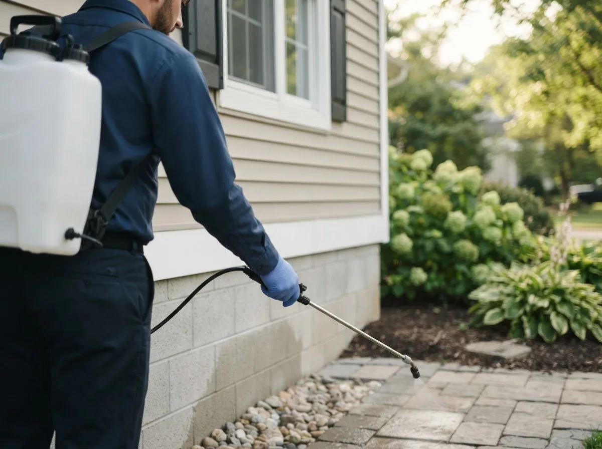 Pest control technician inspecting a home in Reynolds, NE